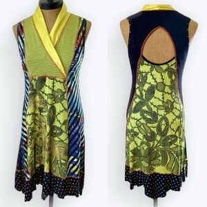 Colorful Brazilian swing dress sleeveless cut out back patchwork raw hem ruffle